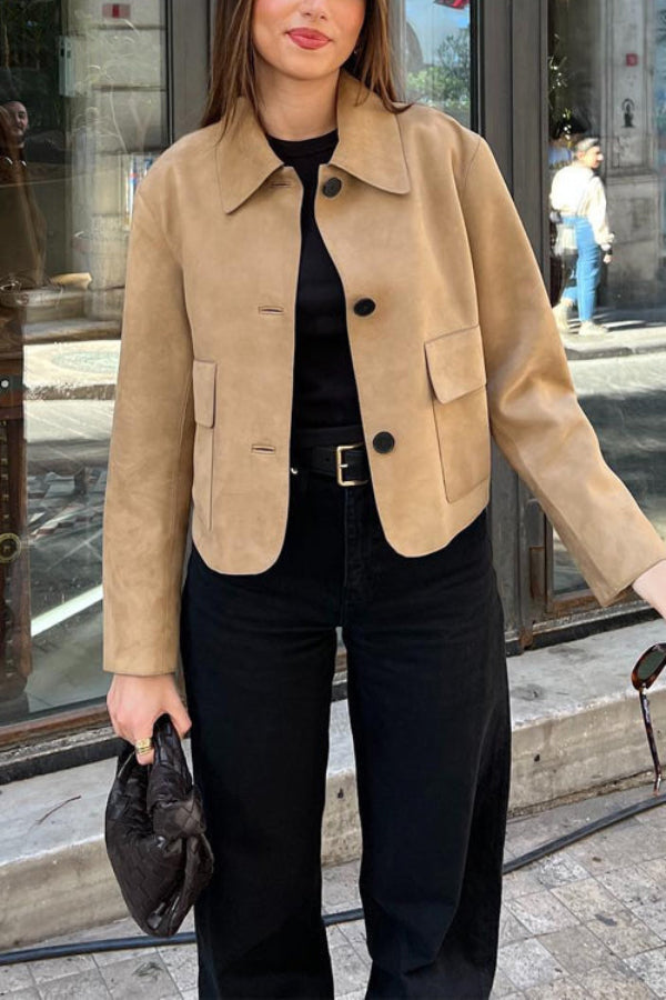 Drune | Knopfverschluss Pocket Faux Suede Crop Jacke