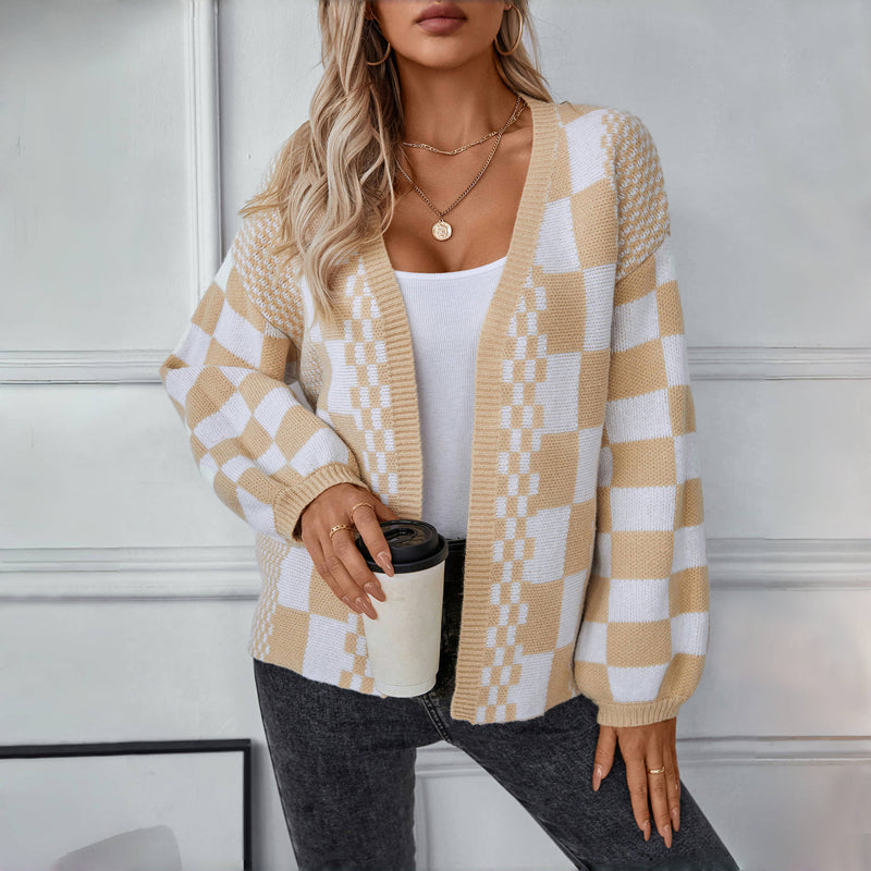 Drune | Cardigan - Damen Herbst Casual Karierter Gestrickter Cardigan