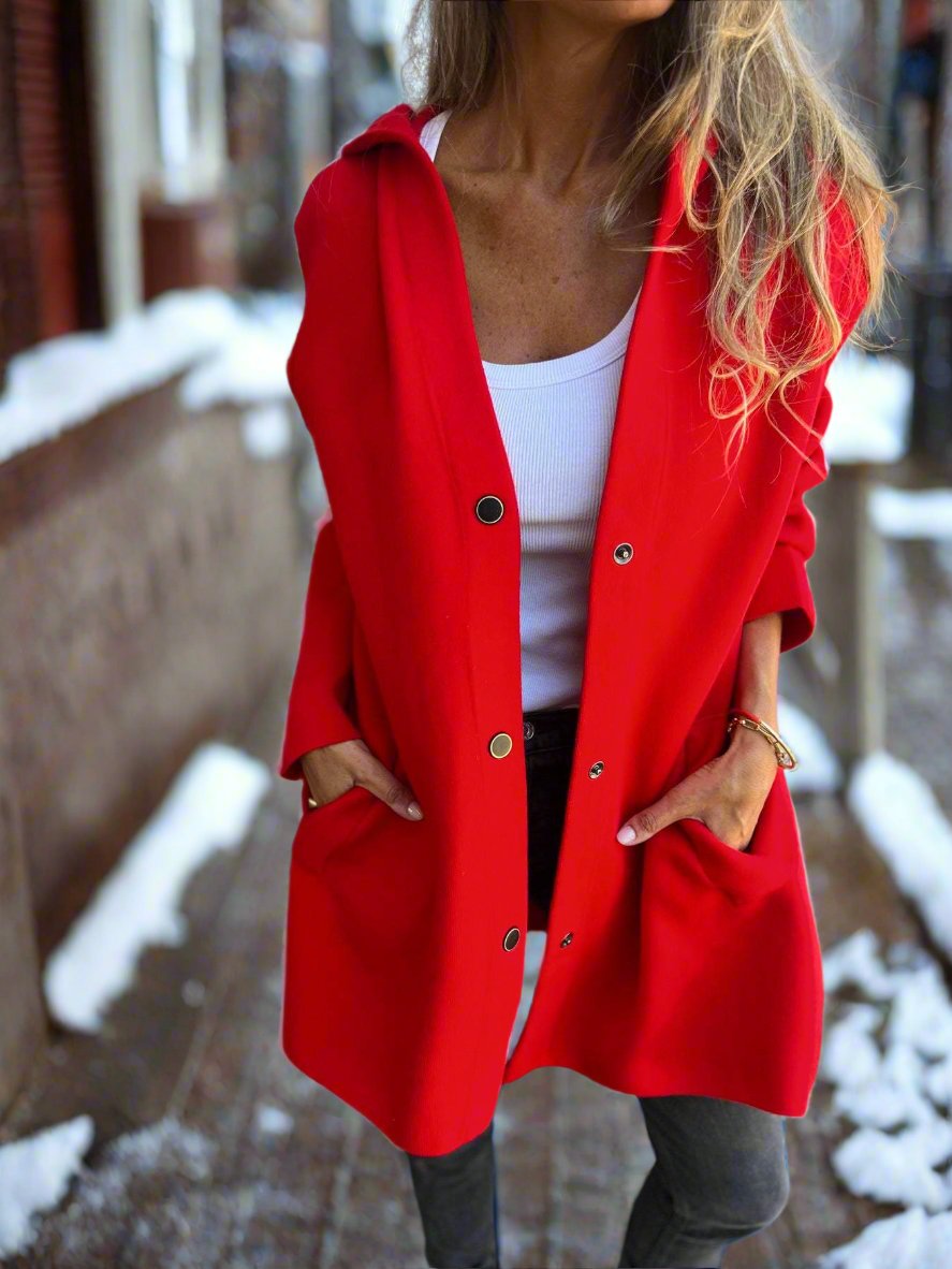 Drune | Lange Jacke - Wollmischung - Knopfverschluss mit Kapuze - Bequeme Passform