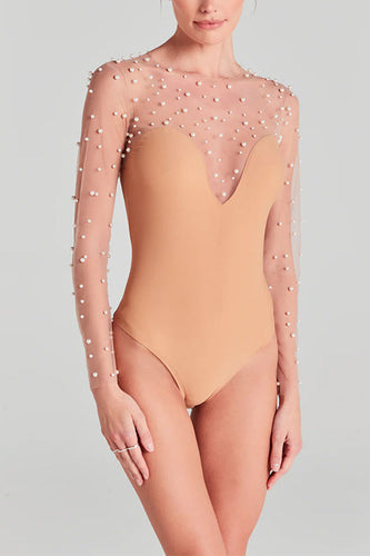 Drune | Langarm Sheer Mesh Perlen Bodysuit