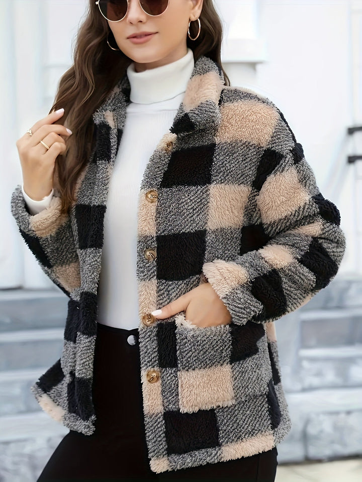 Drune | Gitter Teddyjacke mit Knöpfen und Taschen Polyester Warm und Stilvoll