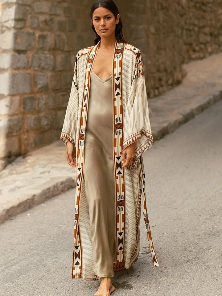 Drune | Boho Plus Size Kimono mit Bindegürtel Maxi Tunika