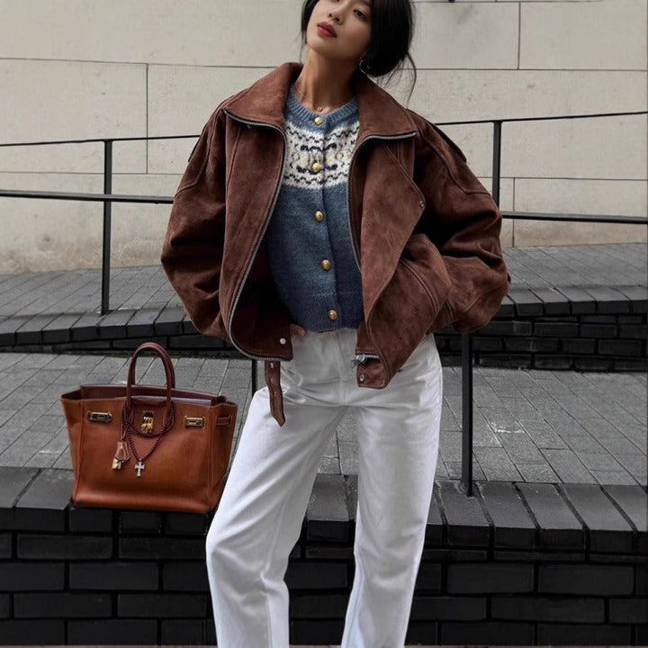 Drune | Oversized bomber jacket in a suede look with an asymmetrical zipper