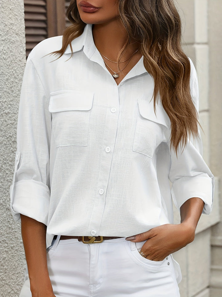 Drune | Elegante Damen Baumwollbluse mit Taschen und Langen Ärmeln