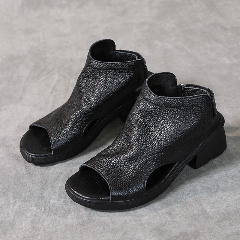 Drune | Echtes Leder Retro Künstlerische Damen Sandalen Mittelhoch Weiche Sohle