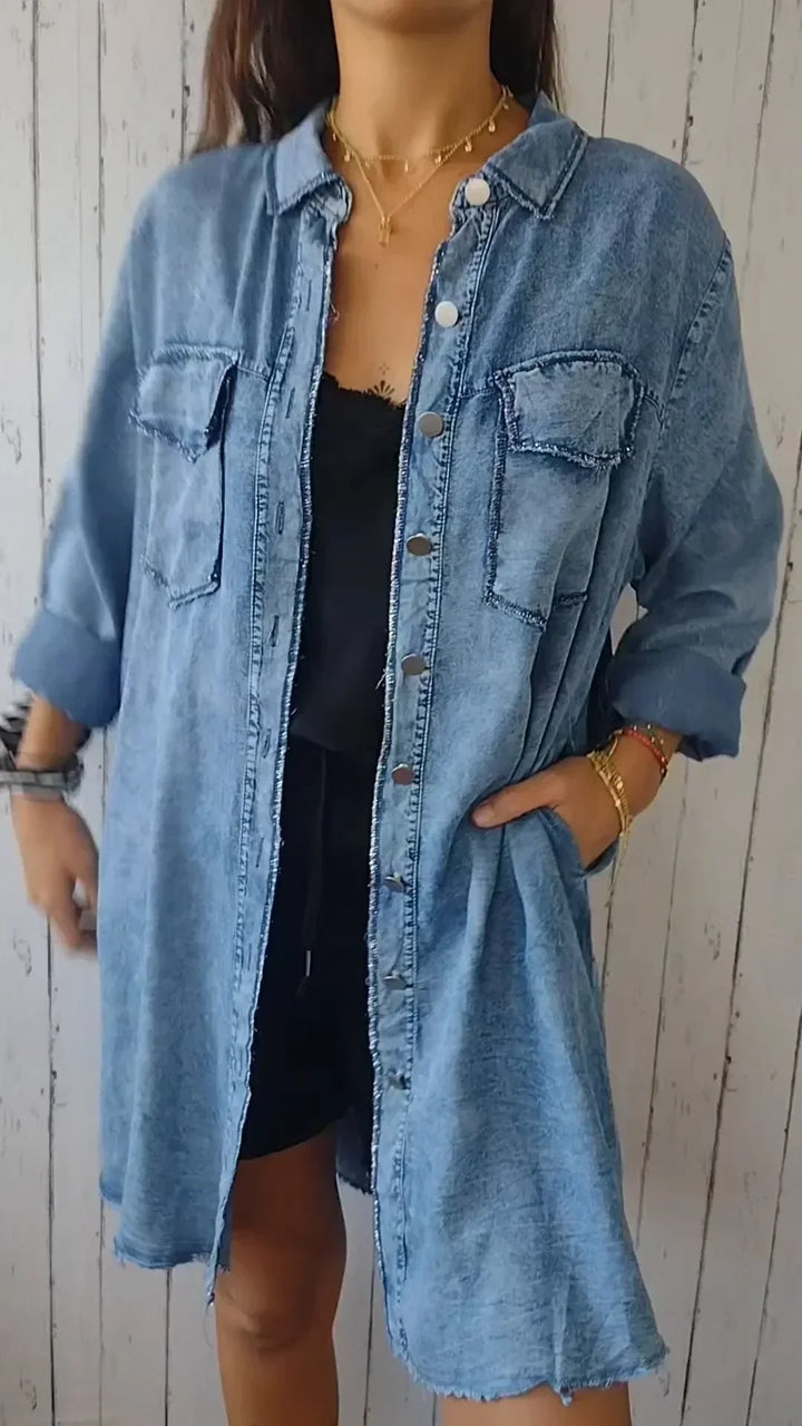 Drune | Bequeme Lange Hemdbluse aus Faux-Denim