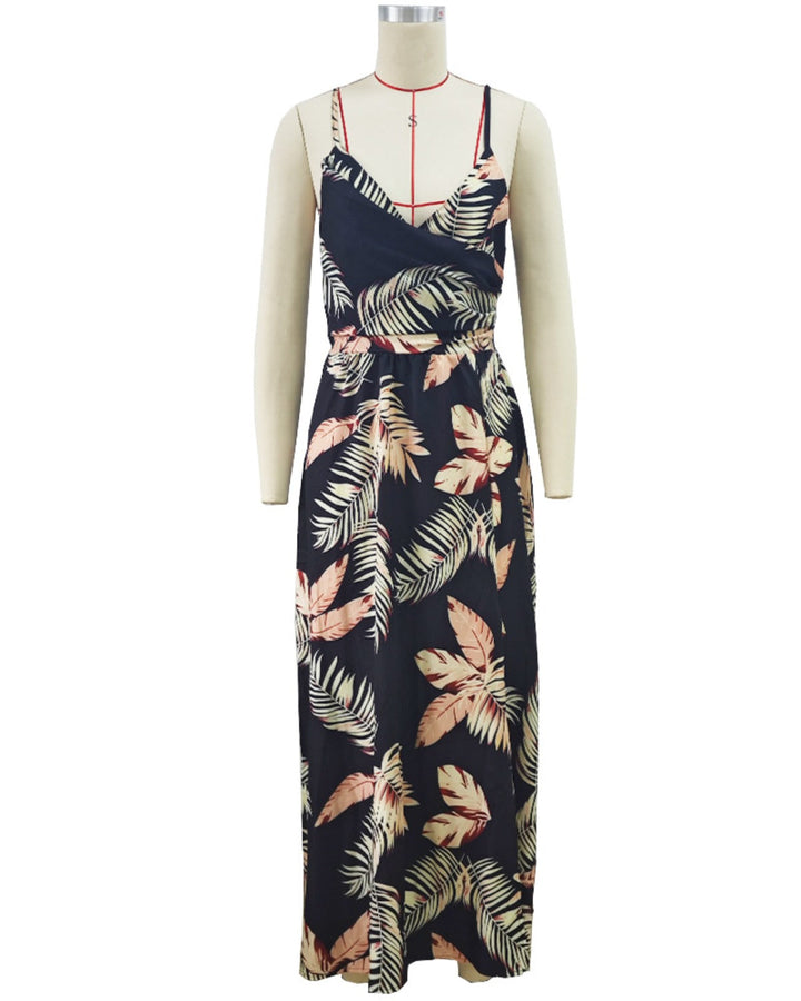 Drune | Kleid mit Hosenträgern und V-Ausschnitt mit geteiltem Print