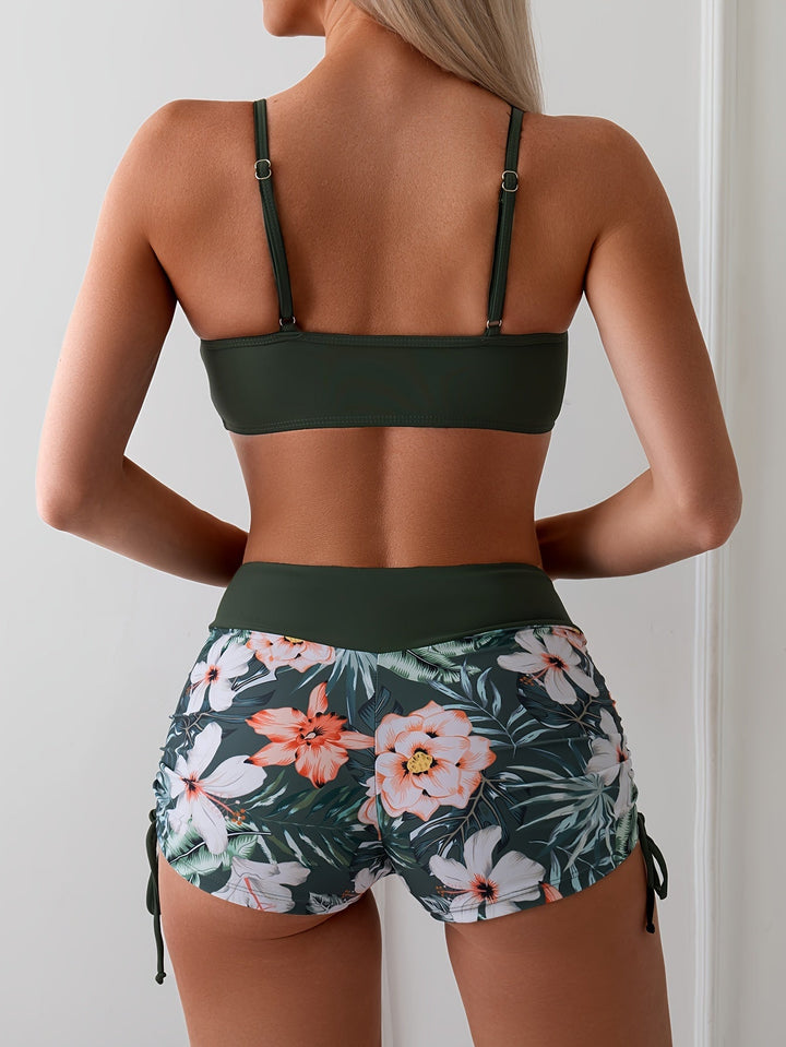 Drune | 2 Teiliges Bikini Mit Grünem Blumenmuster Und Hoher Taille