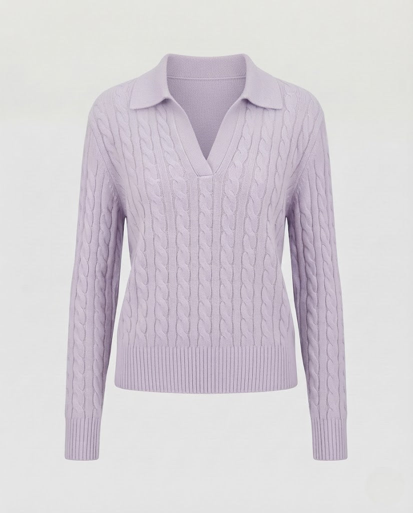 Damen Kabelstrick-Polo-Pullover mit V-Ausschnitt und weicher Feinstrick-Qualität Drune