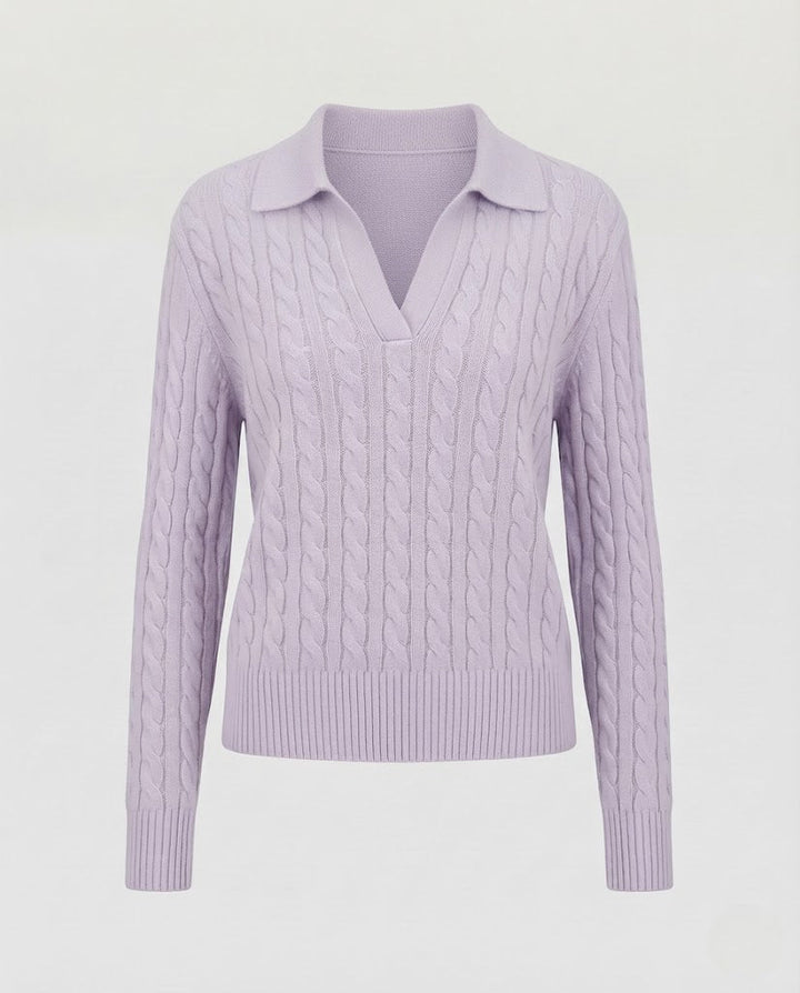 Damen Kabelstrick-Polo-Pullover mit V-Ausschnitt und weicher Feinstrick-Qualität Drune