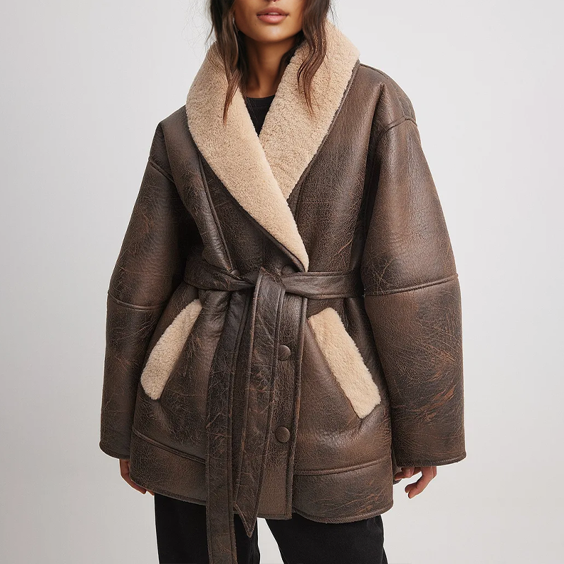 Drune | Sherpa-Gefütterte Kunstlederjacke mit Gürtel
