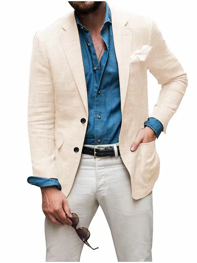 Drune | Herren Leinen Blazer Strand Hochzeit Lässig Tailored Fit Solide Farbe Einreihig Zwei Knöpfe