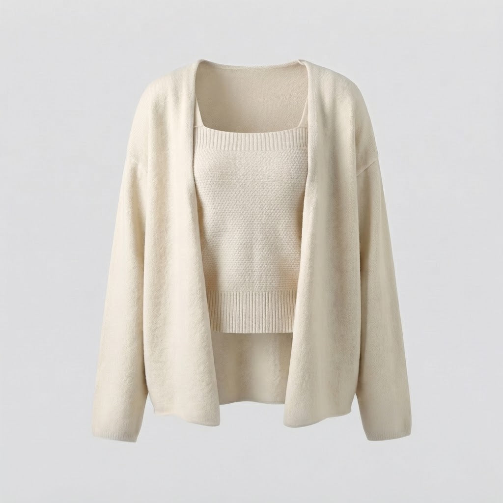 Damen Longline Strickcardigan mit offener Front und passendem Bandeau-Top Drune