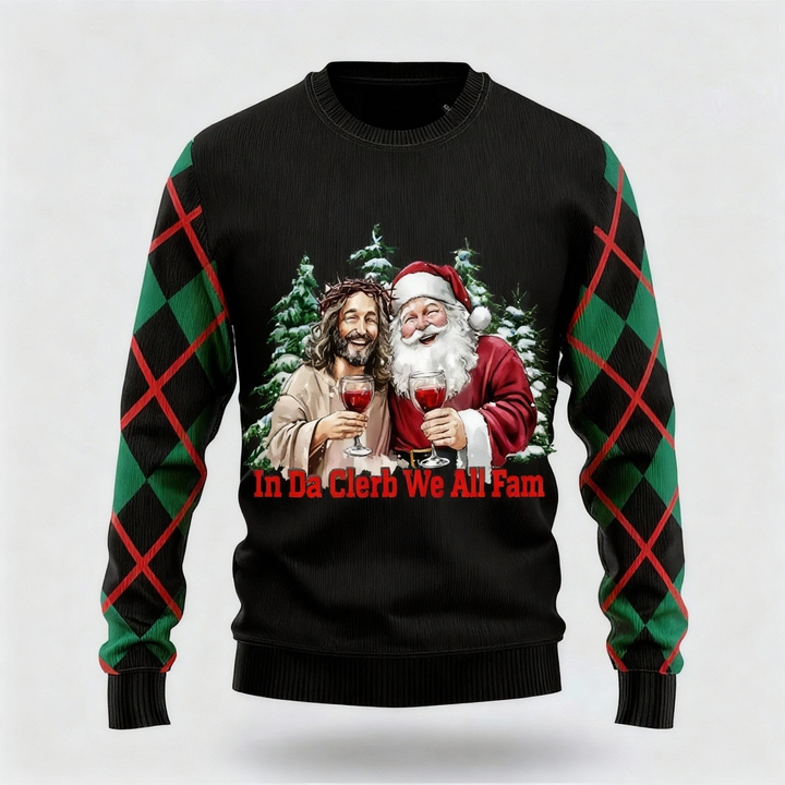 Drune | Jesus & Santa Claus Druck - Maximalistischer Weihnachtsdruck Hässlicher Pullover