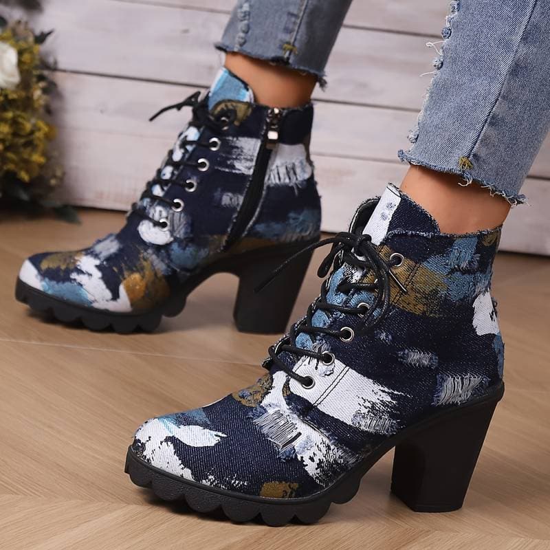 Drune | Stiefeletten Gemustertes Textil Schnürung Blockabsatz Chunky Sohle
