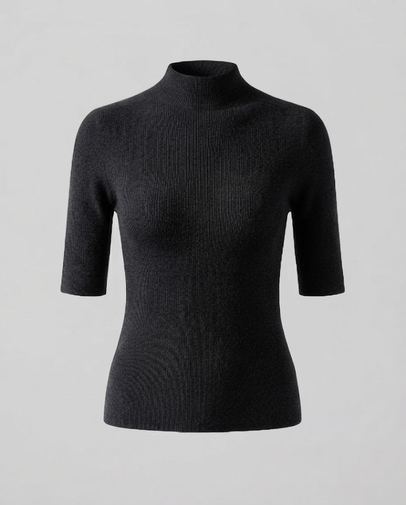 Damen Halbarm Feinstrickpullover mit kurzem Stehkragen und figurbetonter Passform Drune