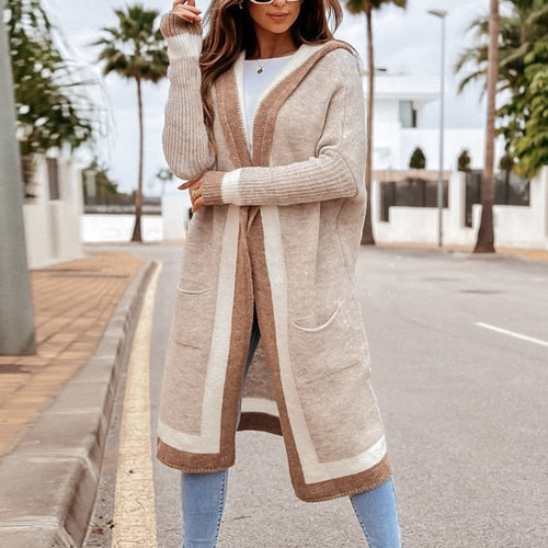 Drune Cardigan | Beigefarbener langer Strickcardigan mit Kapuze
