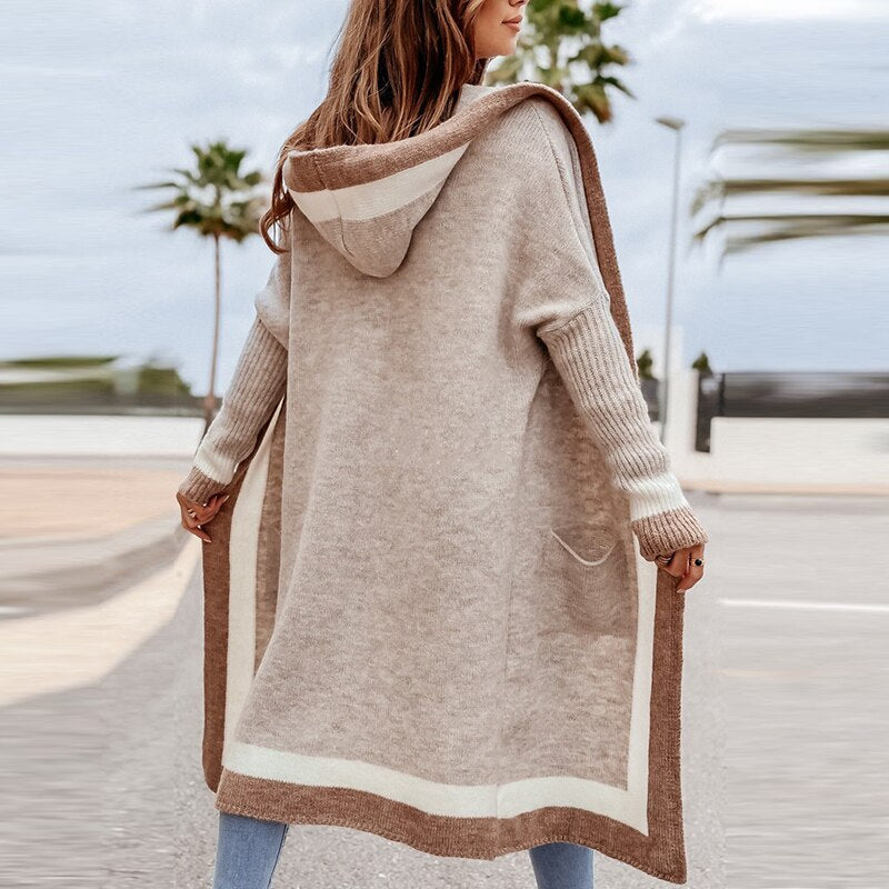 Drune Cardigan | Beigefarbener langer Strickcardigan mit Kapuze