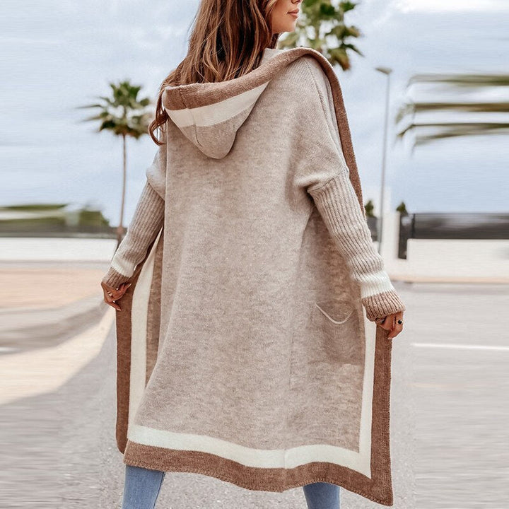Drune Cardigan | Beigefarbener langer Strickcardigan mit Kapuze