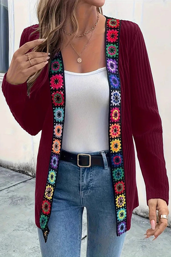 Drune | Boho knit cardigan with floral trim and long sleeves