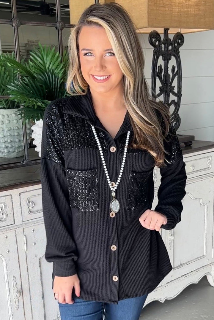 Drune | Gerippte Blusenjacke mit Pailletten-details Polyester-mischung Festlich und Trendy