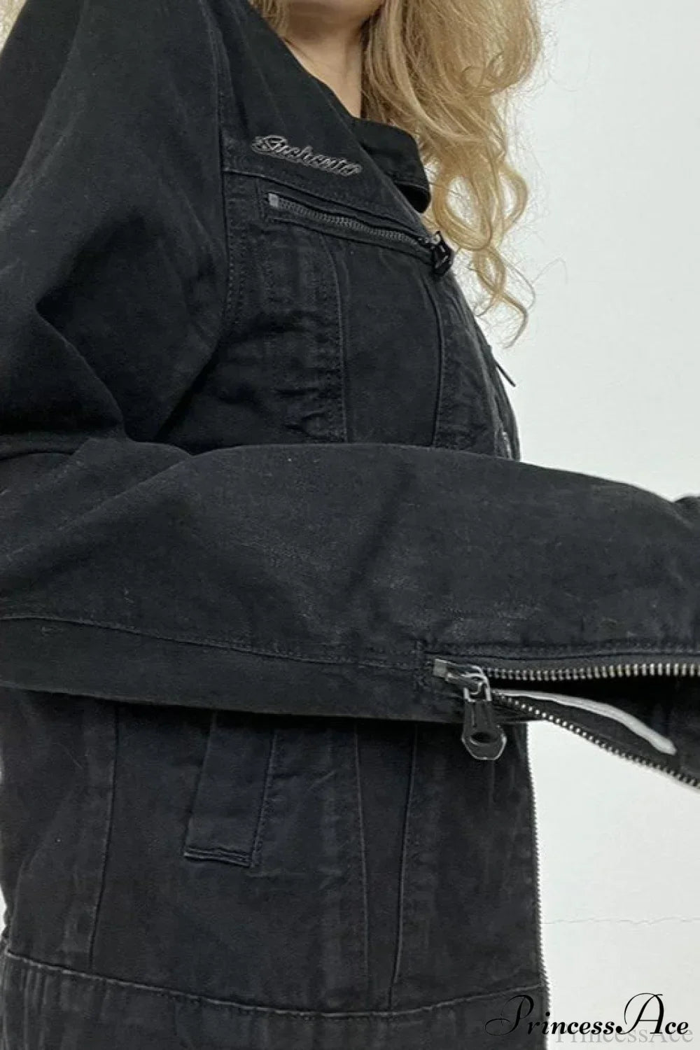 Drune | Schwarze Denim Retro Freizeit Langarmjacke