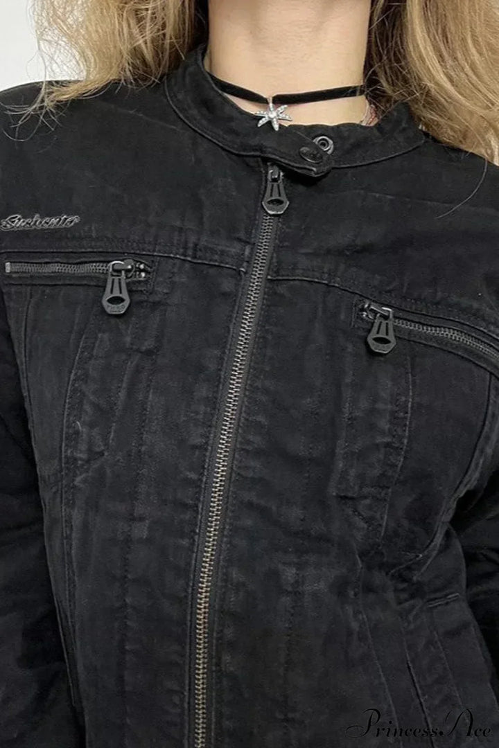 Drune | Schwarze Denim Retro Freizeit Langarmjacke