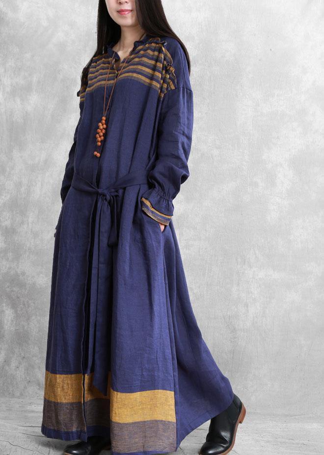 Drune | Stehkragen Knoten Taille Plus Size Tunika Mantel blau Midi Damenmäntel