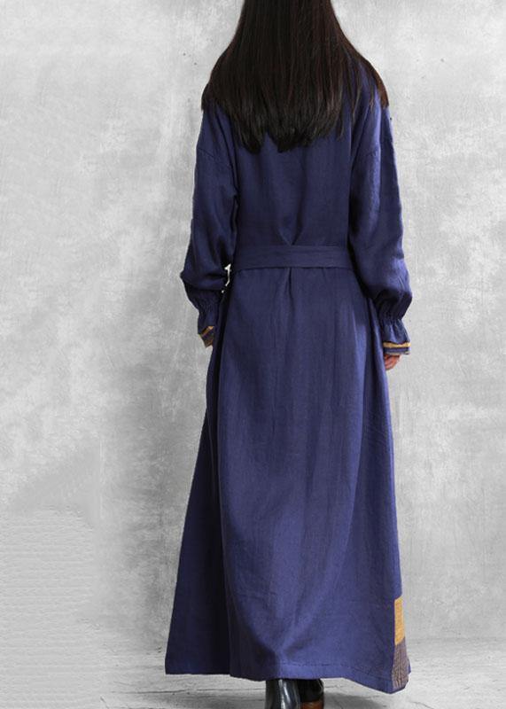 Drune | Stehkragen Knoten Taille Plus Size Tunika Mantel blau Midi Damenmäntel