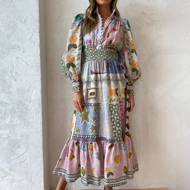 Drune | Böhmisches Maxikleid mit Patchwork und Fruchtmotiven