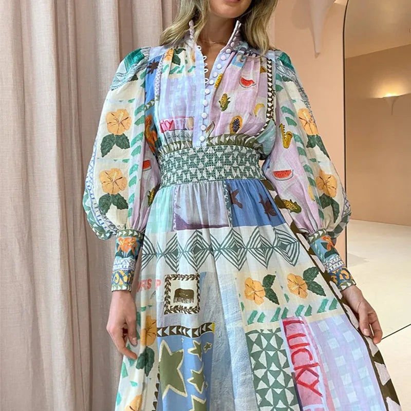 Drune | Böhmisches Maxikleid mit Patchwork und Fruchtmotiven