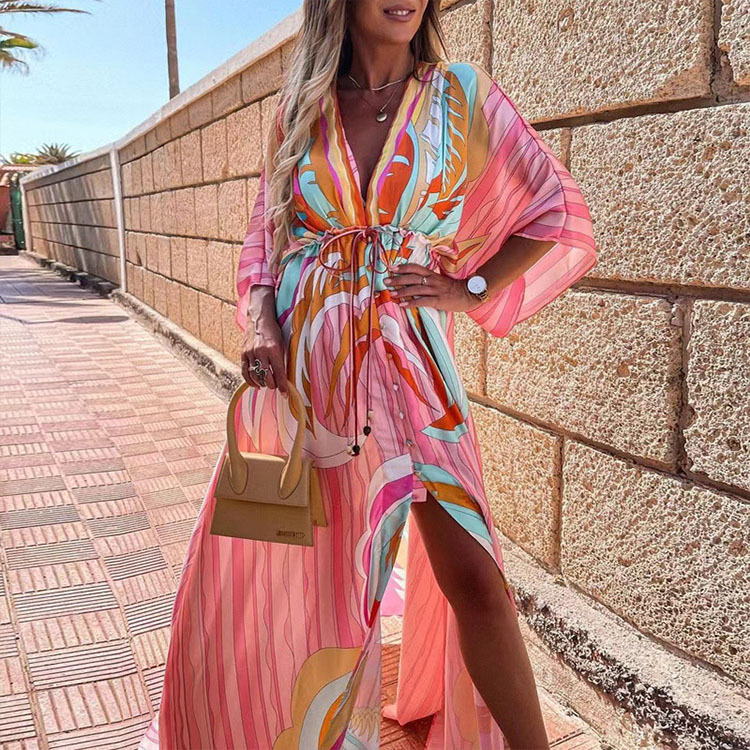Drune | Boho Strandkleid mit Sweetheart-Ausschnitt, Fledermausärmeln, Langer Schnitt und Print