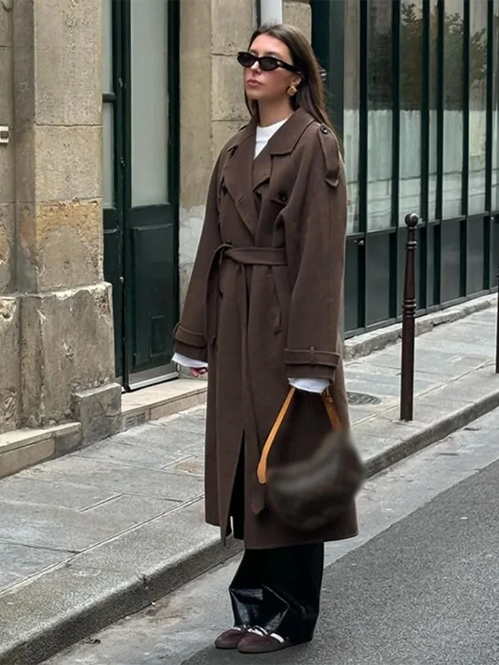 Drune | Trenchcoat - Wollmischung - Doppelreiher - Gürteltaille - Voller Länge Schnitt
