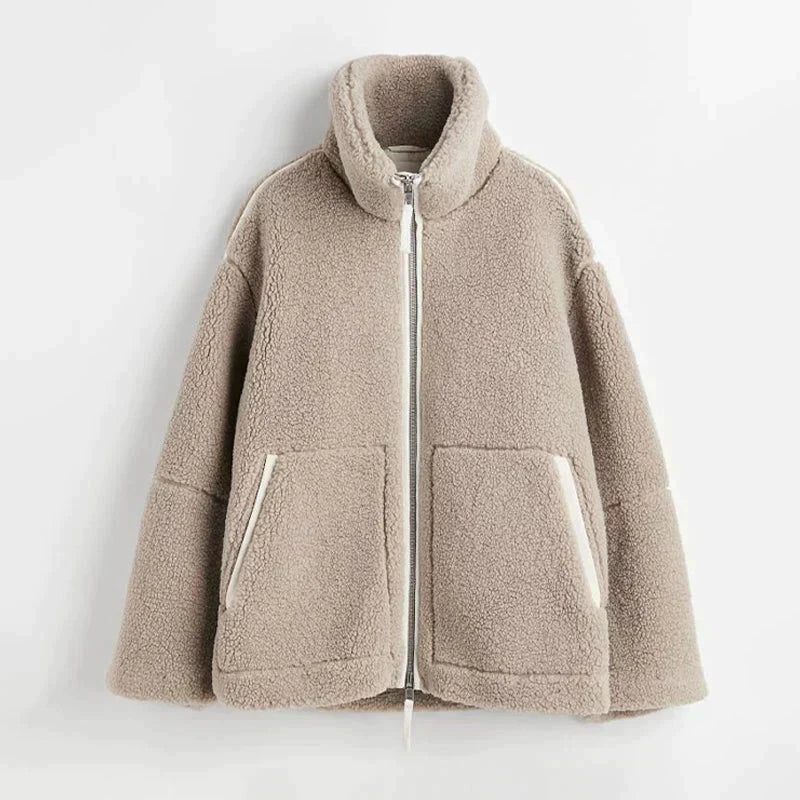 Drune | Teddy-Mantel - Weicher Schaffell-Look - Oversized Passform - Hoher Kragen - Reißverschlussverschluss