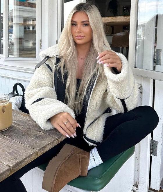 Drune | Trim Sherpa-Jacke - vom Flieger inspirierter Stil - Winterwärme - Off-White
