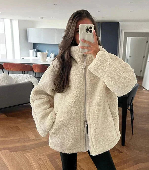 Drune | Teddy-Mantel - Weicher Schaffell-Look - Oversized Passform - Hoher Kragen - Reißverschlussverschluss