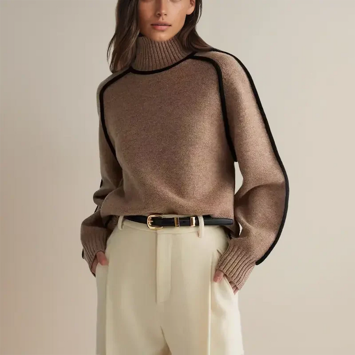 Drune | Pullover Sweatshirt - Relaxed Fit - Mock-Turtleneck - Gerippte Bündchen - Wollmischung - Kontrastpaspel