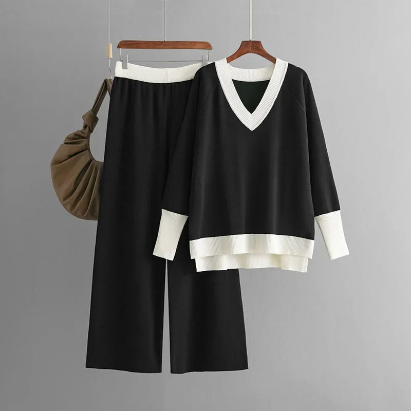 Drune | Stilvolles Set Aus Langärmligem Strickoberteil Und Hose Mit V-Ausschnitt