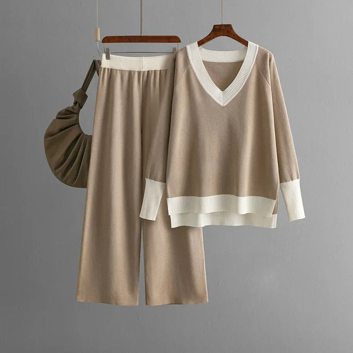 Drune | Stilvolles Set Aus Langärmligem Strickoberteil Und Hose Mit V-Ausschnitt