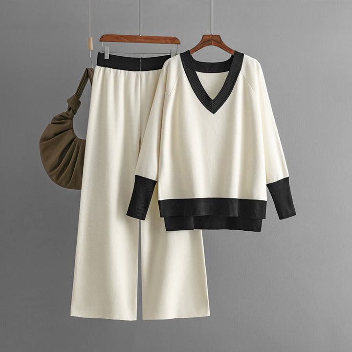 Drune | Stilvolles Set Aus Langärmligem Strickoberteil Und Hose Mit V-Ausschnitt