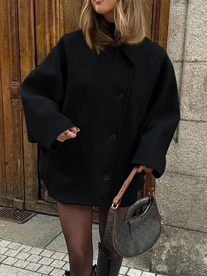 Drune | Mantel - Oversized Passform - Woll-Look - Fledermausärmel - Knopfverschluss - Eingeknickter Kragen