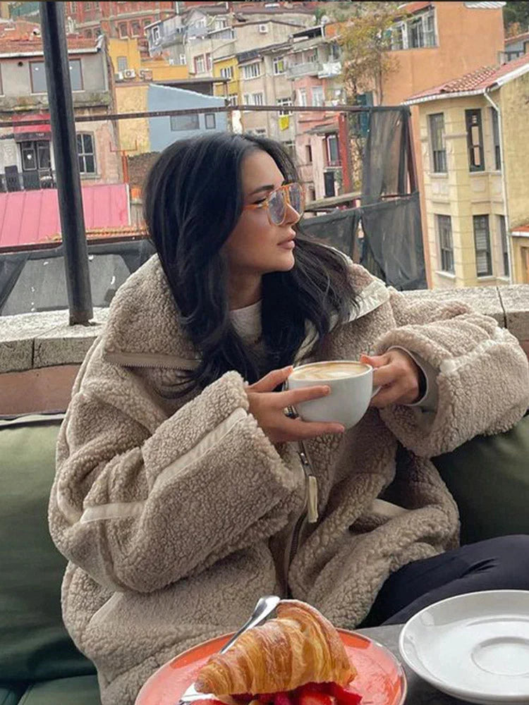 Drune | Teddy-Mantel - Weicher Schaffell-Look - Oversized Passform - Hoher Kragen - Reißverschlussverschluss