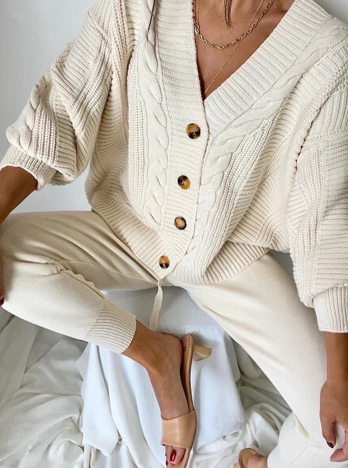 Drune | Wollmix Damen Strickkleidung Satz mit Übergröße Cardigan