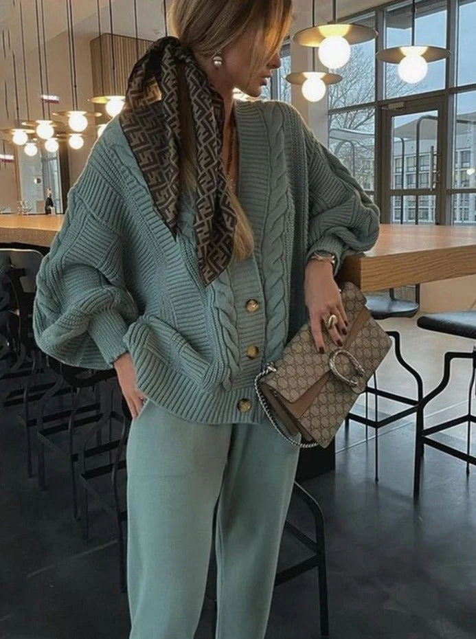 Drune | Wollmix Damen Strickkleidung Satz mit Übergröße Cardigan