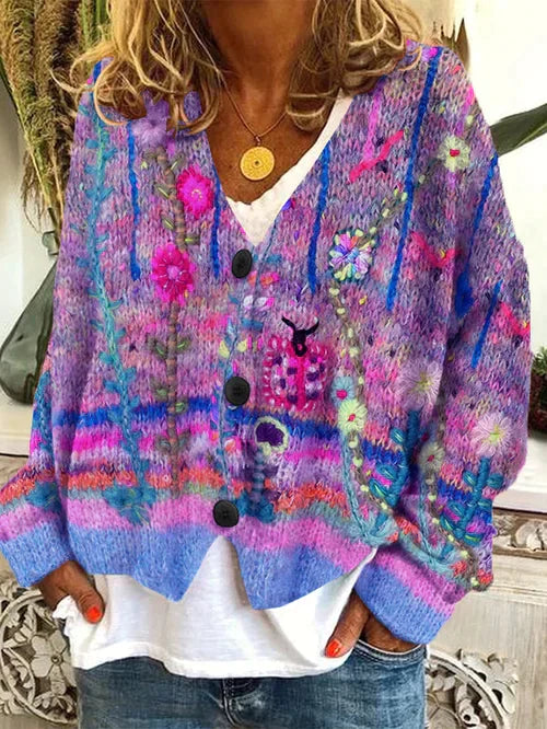 Drune | Retro Damen Cardigan Aus Bedruckter Wollimitat