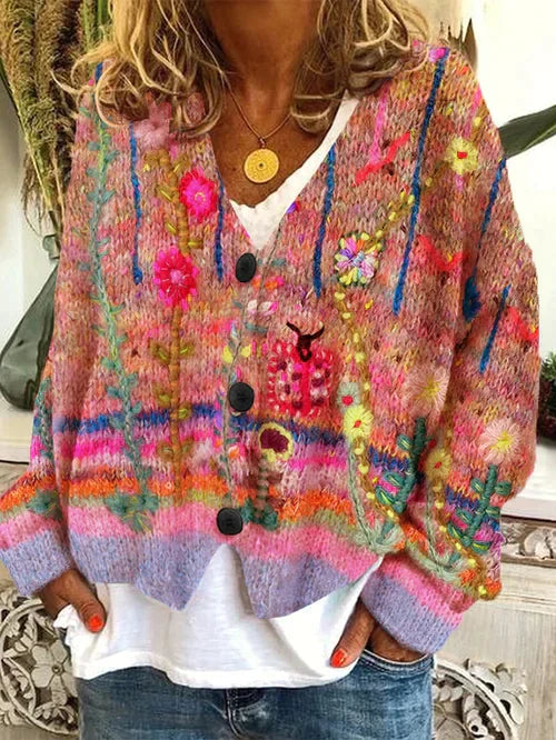 Drune | Retro Damen Cardigan Aus Bedruckter Wollimitat
