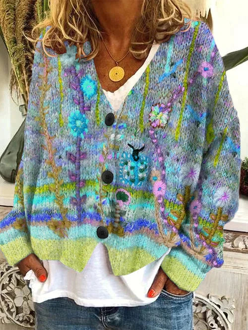 Drune | Retro Damen Cardigan Aus Bedruckter Wollimitat