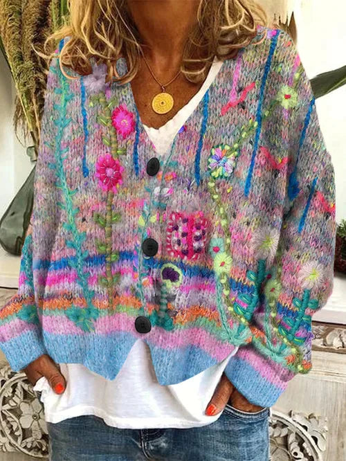Drune | Retro Damen Cardigan Aus Bedruckter Wollimitat