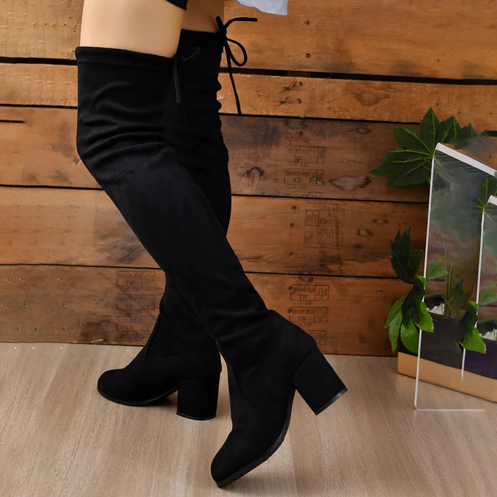 Drune | Über Knie Stiefel Stretch Fit Wildleder Ähnliche Oberfläche Blockabsatz Schnürung Hinten