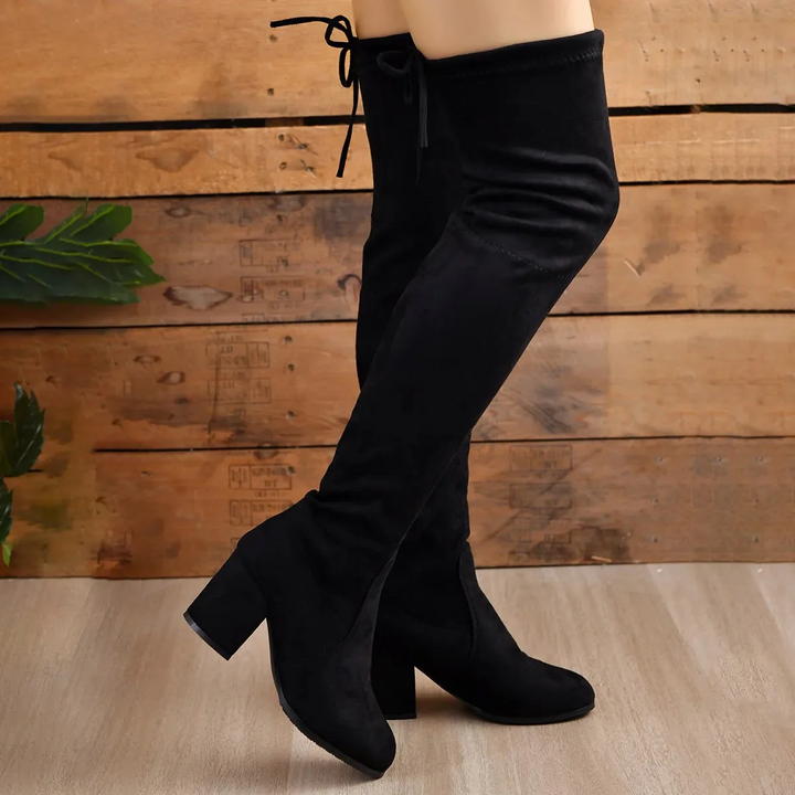 Drune | Über Knie Stiefel Stretch Fit Wildleder Ähnliche Oberfläche Blockabsatz Schnürung Hinten